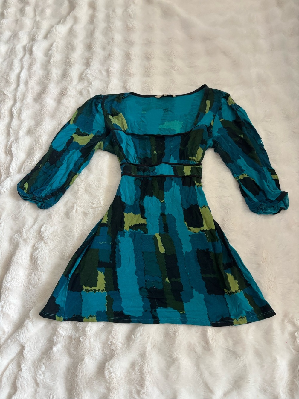 RW&CO. Teal and Green Patterned Empire Waist Blouse
